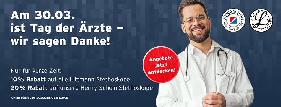 Am 30.03. ist Tag der aerzte - wir sagen Danke! Nur für kurze Zeit: 10 % Rabatt auf alle Littmann Stethoskope und 20 % Rabatt auf unsere Henry Schein Stethoskope; Aktion gueltig vom 30.03. bis 05.04.2026.